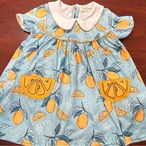 Marie Nicole Clothing‎ Lemon Print Dress Girls XS Blue Yellow Peter Pan Collar